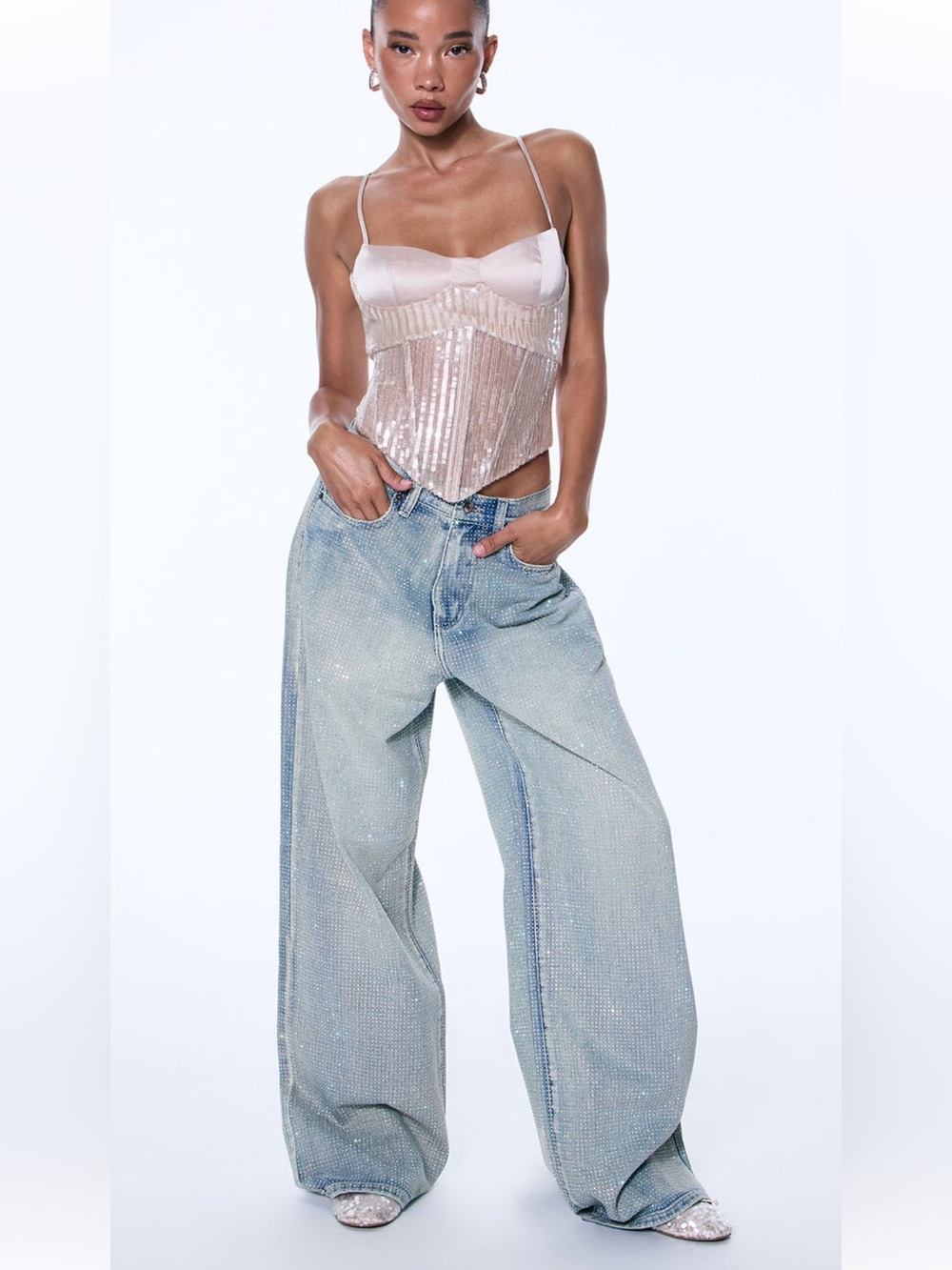 Fashion Nova Light Blue Wide-Leg Jeweled Jeans